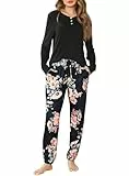 Lovasy Schlafanzug Damen Lang Winter Langarm Schlafanzüge für Damen Zweiteiliger Pyjama Set Loungewear mit Taschen und Bündchen,Schwarze Blumen,L