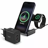 Spigen Qi2.2 25W 3-in-1 MagSafe kabellose Ladestation [inkl. 2 m USB-C Kabel] Bundle + 47W GaN 2-Port Ladegerät – Schnelles Laden für iPhone, AirPods, Apple Watch
