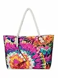 DonDon Strandtasche XXL mit Reißverschluss - Umhängetasche Damen, Shopper Tasche Damen im Beach Look mit Schulterriemen - Urlaub Must Haves Beach bag - Vintage Blumen-Motiv Aquarell
