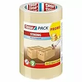 tesa tesapack Strong - Geräuscharmes Paketklebeband zum Verpacken von Paketen und Versandschachteln - transparent - 3 Rollen je 66 m: 50mm