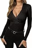 Wenrine Damen Pullover Tiefer V-Ausschnitt Wickel Strickpullover Sexy Herbst Pulli Slim Fit Winter Oberteile, Schwarz, M