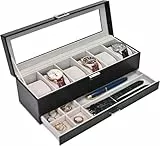 ProCase Uhrenbox mit 6 Fächern，Uhrenkasten mit Glasdeckel, 2 Ebenen, Uhrenkoffer mit herausnehmbaren Uhrenkissen, Uhrenschatulle für Schmuck, Ringe, Armbänder und Halsketten -Schwarz