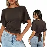 WIEIYM Damen Bluse mit Flügelärmeln Sommer Oberteil U-Boot-Ausschnitt Elegant Slim Fit Shirt mit Bindeband am Rücken Figurschmeichelndes Casual Top