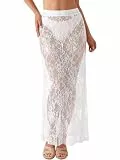 Damen Spitzenrock Lang Elastische Hohe Taille Lange Röcke Tüllrock Elegant Sheer Spitze Floral Stickerei Freizeitrock Strand Sommer Urlaub Ungefüttert