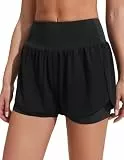 PINSPARK Damen Sporthose Kurz Laufhose mit Innenslip Sommer Hohe Taille Sport Shorts Schnelltrockende Laufshorts Jogging Gym Bade Training Tennishose Schwarz S