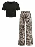 SweatyRocks Zweiteiler Mädchen 8-12 Jahre Top Und Jogginghose Sets Leo Print Herbst Outfits Teenager Oberteile Und Weite Hose 2 Teiler Leoparden 12 Jahre