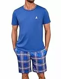 Jahetuul Schlafanzug Herren kurz Schlafhose Karomuster Pyjama Herren Sommer Rundhals Schlafanzüge für Herren Pyjamashort Jungen Nachtwäsche Männer