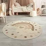 TT Home Kinderteppich Kinderzimmer Teppich Spielteppich Kurzflor Sonne Flauschig 3D, Farbe:Dunkelcreme Creme Sand, Größe:160 cm Rund