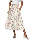 Zeagoo Damen Midi Röcke Hohe Taille Plissee A-Linie Swing Röcke Sommer Floral Lange Röcke mit Taschen, Rosa Blumen-Aprikosen-Druck, XX-Large