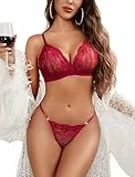 Avidlove Damen Dessous Set Sexy Spitze Unterwäsche Transparent Babydoll Reizwäsche V-Ausschnitt Lingerie Sets Mit Push up BH und Slip Wine rot M