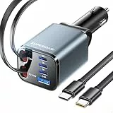 SUPERONE 6 in 1 Zigarettenanzünder USB C, 105W Einziehbares Auto Ladegerät, Schnellladegerät Auto für Telefone mit USB C & Apple Ladekabel, Ladegerät KFZ für iPhone 17/16/15/14/13, Galaxy S25/S24/S23