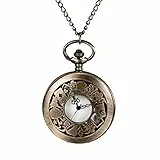 JewelryWe Taschenuhr Herren Retro Alice im Wunderland Skelett Kettenuhr mit Römischen Ziffern Vintage Analog Quarz Uhr Anhänger mit Halskette Kette für Damen Männer Bronze