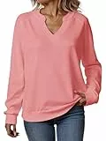 Tankaneo Sweatshirt Damen V Ausschnitt Pullover Leicht Elegant Langarmshirts Casual Baumwoll Oberteil Sexy Locker Pulli Basic Top Einfarbig Orang-Rosa M