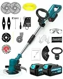 Rasentrimmer mit Akku Für Makita, 4 in 1 Akku Rasentrimmer Mit 4 Arten Klingen Und 2 Akku, 21V Bürstenloser Akku Freischneider Mit Seitlichen RäDern FüR Einfaches Trimmen Der Kanten. (Blue)