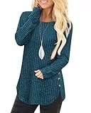 Tanmolo Damen Pullover Herbst elegant Oberteile Langarm Strickpullover mit Knopfdetail und Kabelstruktur Leichter Arc-Saum Rundhals Pulli Pfauenblau, XL