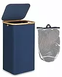 efluky Wäschekörbe mit Deckel, Schmutzwäschebehälter mit Bambusgriffen & Innentaschen zur Organisation schmutziger Wäsche, faltbar, für Schlafzimmer, XL, 100 l, Blau