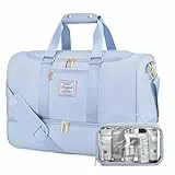 LOVEVOOK Weekender Reisetasche Damen, Travel Bags Gym Yoga Bag mit Kulturtasche, Schuhfach & Nassfach, Wasserdicht Strandtasche Schwimmtasche Saunatasche, Handgepäck Tasche für Sport Urlaub, Hellblau