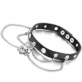 Flongo Choker Tattoo Kette Lederhalsband Damen Herren Halskette Gotik Halsband Schmuck Schwarz Silber Totenkopf Schädel Kette Ring Einstellbar Verstellbaren Punk Rock