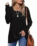 WIHOLL Pullover Damen Tshirt Quadratischer Ausschnitt Langarmshirt Locker Elegant Pulli Strickpullover Schwarz L