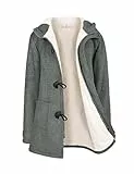 Yuson Girl Winterjacke Damen Fleecejacke Lang Warm Hornknopfjacke Einfarbig Wintermantel Kapuzenpullover Winter Cardigan Sweatshirt Damen Reißverschluss Kapuzenjacke mit Knopf(Dunkelgrau, L)