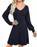 BebreezChic Damen Strickkleider V-Ausschnitt Langarm Minikleid Dünnes Bodycon Sexy Tunika Einfarbig Pulloverkleider Partykleider, Dunkelblau L