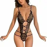 KONFEN Sexy Damen Dessous Set, Erotische Translucent Spitze Riemchen Bodysuit Frauen, Overall Lingerie mit Loch Reizwäsche BH und Höschen Sets, Verstellbare Offen Body Suit Unterwäsche, Schwarz