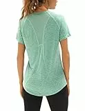 Wayleb Sportshirt Damen Kurzarm V-Ausschnitt Sommer Sport T-Shirts Sommer Leichtes Atmungsaktiv Back Mesh Laufshirt Fitness Gym Oberteile Frauen Longshirt Yoga Top, Grün L