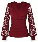 GRACE KARIN Damen Taillen Wickelbluse Spitzen Langarm Sexy Oberteile V-Ausschnitt Cocktail Party Club Bluse Dunkelrot M