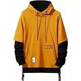 Moshtashio Kapuzenpullover für Herren, Patchwork Hoodie mit Kontrastfarbe Langarm Basic Sweatshirt Pullover mit Kapuze(Orange,3XL)
