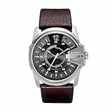 Diesel Herrenuhr Master Chief, Dreizeigeruhrwerk, 46mm Silber / Stahl Edelstahlgehäuse mit Lederarmband, DZ1206