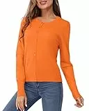 VOTEPRETTY Strickjacke Damen Leichte Cardigan Kurz Rundhals Strickjacken Langarm Pullover Strickmantel mit Knöpfe Orange, XL