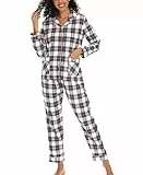 ENJOYNIGHT Schlafanzug Damen Lang Baumwolle Flanell Pyjama Set Zweiteiliger Nachtwäsche Langarm Knopfleiste Lounge Set (Small,Kariert)