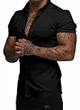 Elegancity Herren Kurzarmhemd Schwarz Atmungsaktiv Freizeithemd Elastische Businesshemd Bügelfrei Hawaiihemd Faltenfreie Strandhemd Sommer M