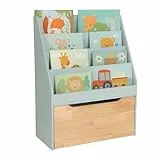 Relaxdays Bücherregal Kinder, HxBxT: 80x60x30 cm, 4 Bücherfächer, Spielzeugkiste mit Rollen, Kinderregal, türkis/Natur