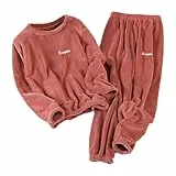 Generisch Schlafanzug Damen Lang Fleece Pyjama Set Winter Warm Plüsch Hausanzug Hausanzug Flanell Nachtwäsche Zweiteiler Rundhals Langarm Sweatshirt Und Schlafhose Set Soft Loungewear Thermo Pjs