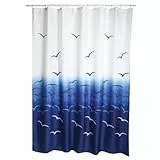 MSV Anti-Schimmel Duschvorhang - Anti-Bakteriell, waschbar, wasserdicht, mit 12 Duschvorhangringen - Polyester, „Möwe“ 180x200cm, Blanc/Bleu/Pourpre