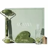 ARI ANWA Jade Roller & Gua Sha Set – Echter Jade Roller + Gua Sha Jade Stein | Rosenwasser Roll-On Glow Kit | Gesichtsmassage für Lymphdrainage & Glow | inkl. Bag Charm