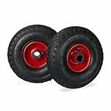 Relaxdays Sackkarrenrad im 2er Set, 3.00-4, luftbereiftes Komplettrad mit Stahlfelge, 25 mm Achsdurchmesser, schwarz-rot, 8.5 x 26 x 26 cm