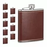 Relaxdays Flachmann 10er Set, 200ml, Edelstahl Schnapsbehälter mit Kunstleder Hülle, kleine Taschenflasche, braun/Silber
