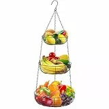 Kongming Obstkorb Hängend Schwarz, 3 Etagen Hängekorb Küche, Metall Hängender Obstkorb mit Haken für aufbewahrung Obst Gemüse Brot und Lebensmitteln, H x D: 84 x 29 cm
