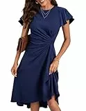 KUNJLELP Cocktailkleid Damen Festliche Kleider Elegant Kurzarm Wickelkleid Partykleid Midikleid Bodycon Figurbetontes Sommerkleider,S,Blau-A