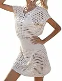 Kycenpda Bikini Cover Up Strandkleid Damen mit Knöpfe, Aushöhlen V-Ausschnitt Häkelkleid Strand, Strandtunika Strandponcho Damen Luftig Sommerkleid Beachwear Strandurlaub