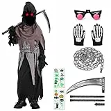 Lozzzyo Sensenmann Kostüm Kinder, Halloween Kostüm Kinder Jungen Mit Sense, Leuchtende Augen für Halloween Trick orTreating/Karneval Cosplay