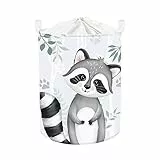 Clastyle 45L Niedlich Grau Lächeln Waschbär Grün Baum Kinder Wäschekorb Babyzimmer Blätter Tier Rund Korb Spielzeug Kleidung Aufbewahrung Kinderzimmer für Babyzimmer, 36x45 cm