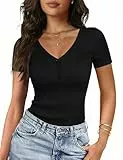 Gyabnw Elegant Damen T Shirt V Ausschnitt Kurzarm Henley Knopfleiste Slim Fit Stretch bequemes Sommer Top vielseitiges Oberteil