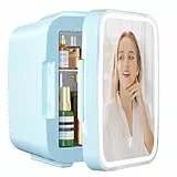 YASHE Mini Kühlschrank, Skincare-Kühlschrank mit LED-Lichtspiegel, 4-Liter-Kleinkühlschrank tragbar, 220V AC / 12V DC Thermoelektrische Heizung und Kühlung für Auto, Büro, Wohnheim (Blau)