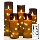 Homemory Flackernden Flammenlose Kerzen mit Lichterkette, Batteriebetriebene Kerzen mit Fernbedienung und Timer, Eingebettete Lichterkette LED-Kerzen, Acryl, Heimdekoration, Grau, 5er-Set