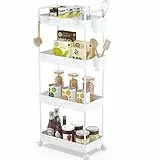 Ronlap Rollwagen Küchewagen mit 4 Ebenen, Servierwagen mit Aufhängebecher, Separator, Haken, Regal auf Rollen für Küche, Schlafzimmer, Büro, Weiß