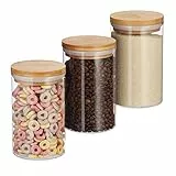 Relaxdays Vorratsdosen Glas, 3er Set, für Pasta, Reis, Müsli, Kaffeebohnen, Volumen 800 ml, HxD 16x9,5 cm, , natur