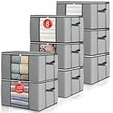 GoMaihe 90L Aufbewahrungstasche 8 Stück, Aufbewahrungsbox mit Deckel Groß Verstärkte Griffe, Kleidung Umzugskartons für Bettdecken, Unterbett Aufbewahrung Kleiderschrank Boxen Organizer Grau